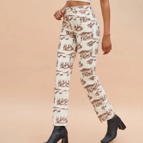 Reformation Sonora Brown White Horse Western Printed Jeans Desert Sand - Picture 5 of 6